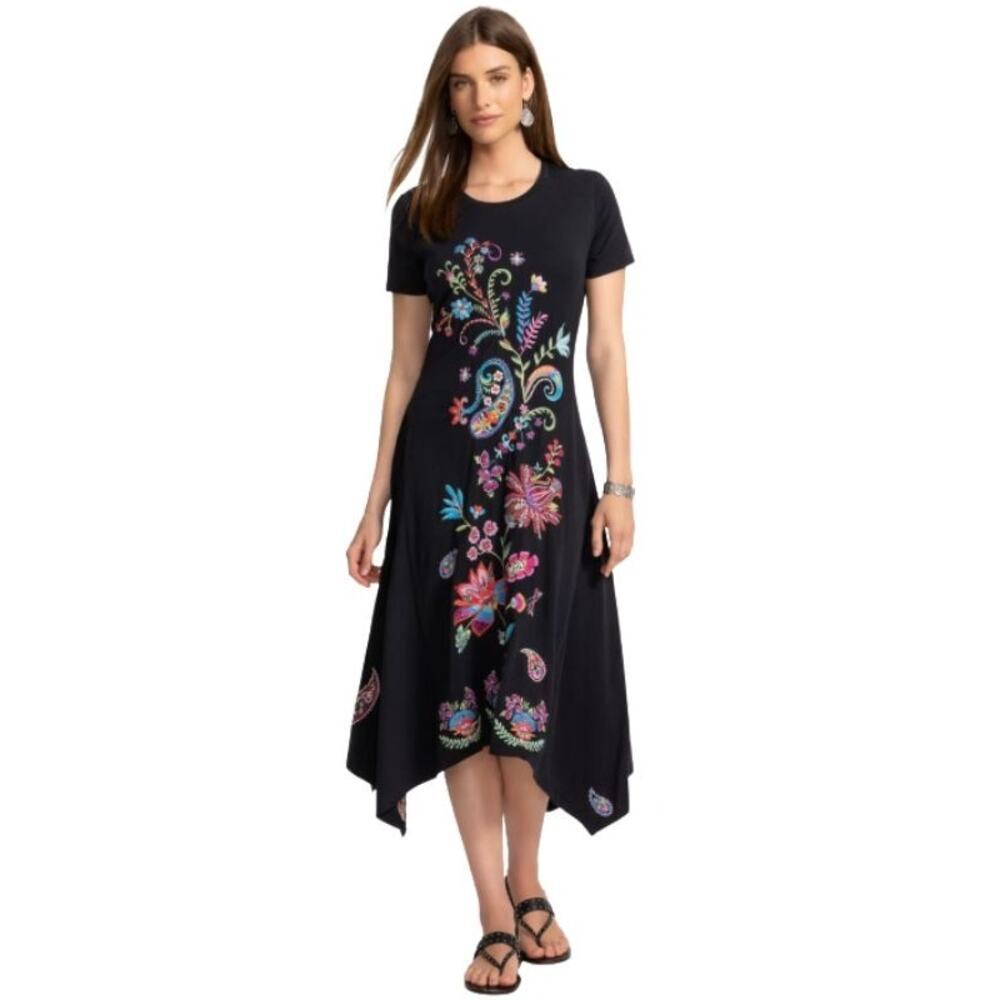 Johnny Was Women's Handkerchief Hem Knit Midi Dress Karime Black Size Small NWOT